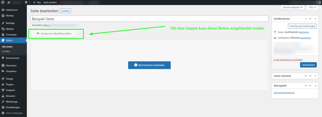 Im Elementor Editor den "Zurück zu WordPress Button" deaktivieren