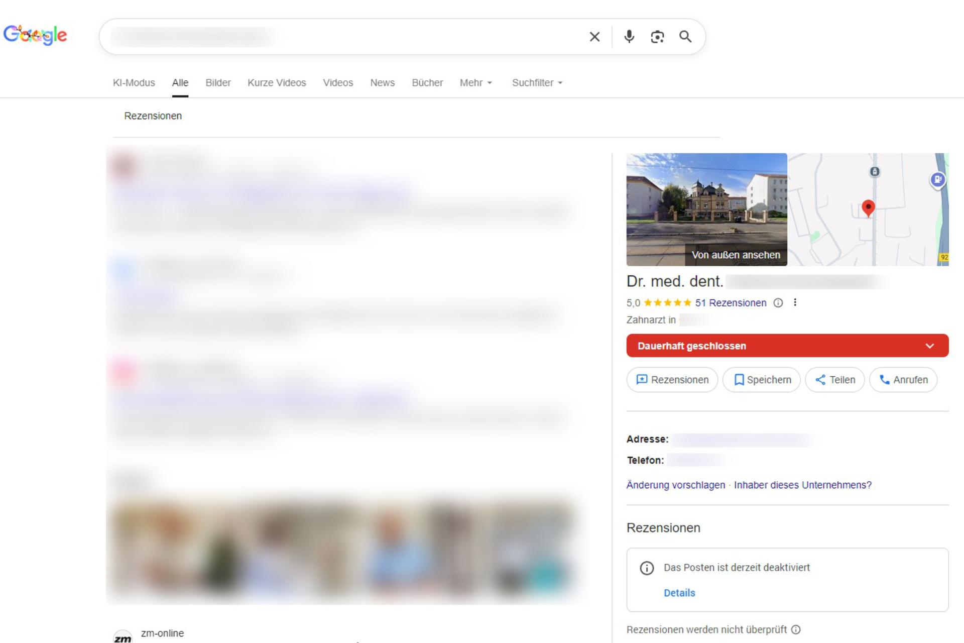Google Business Profil bei Praxisübernahme richtig übernehmen - altes Maps Profil mit dem Vermerk „dauerhaft geschlossen“.