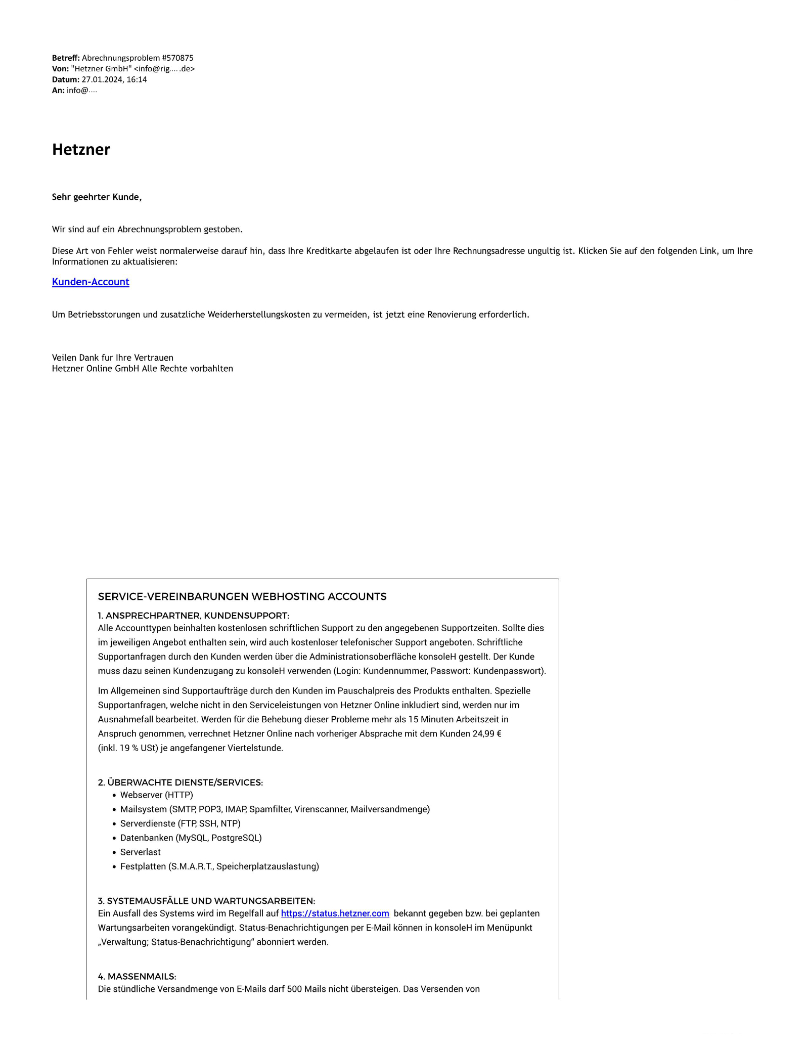 Hetzner E-Mail wegen Abrechnungsproblem erhalten.