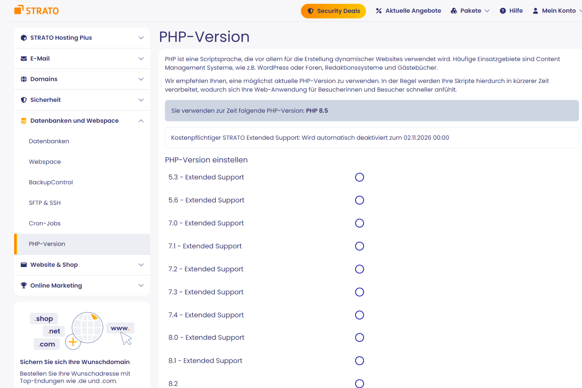PHP-Extended-Support bei Strato